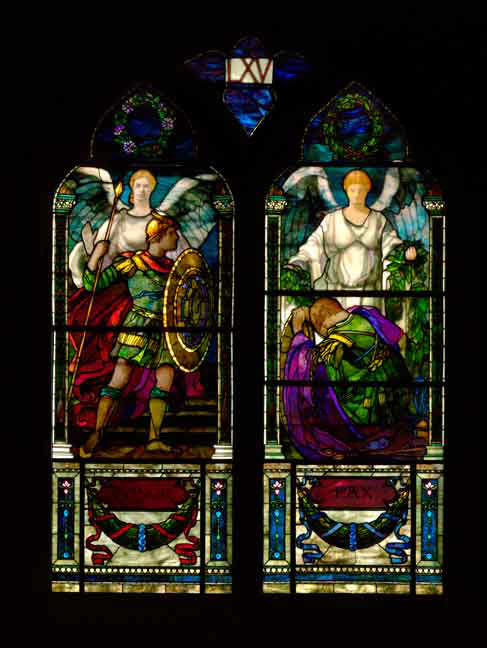 Stained glass at the Memorial Hall, Harvard University, 1900. The left side depicts "honor", the right, "peace".