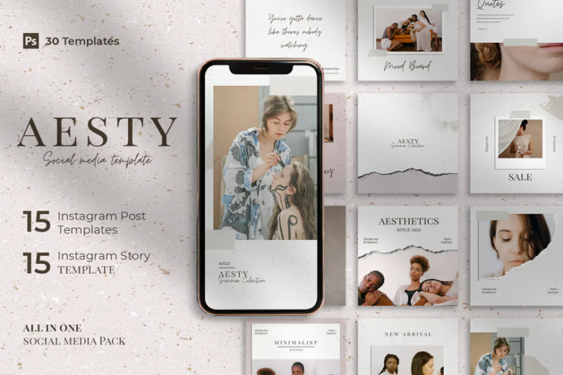 Aesty - Pack of 30 Instagram Post & Story, Social