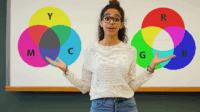 Teacher showing color theory and answering how to make blue